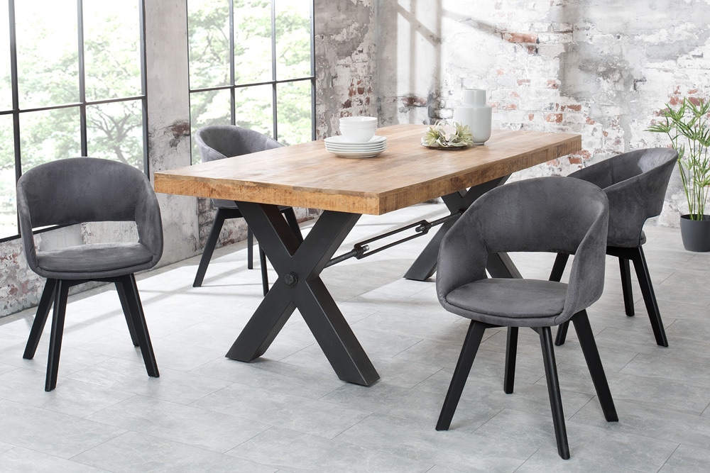 Design Stuhl NORDIC STAR antik grau Microfaser Massivholz schwarz mit Armlehne gepolstert