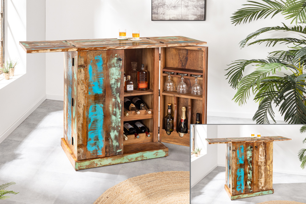 Einzigartiger Barschrank JAKARTA 100cm natur bunt recyceltes Massivholz aus Fischerbooten
