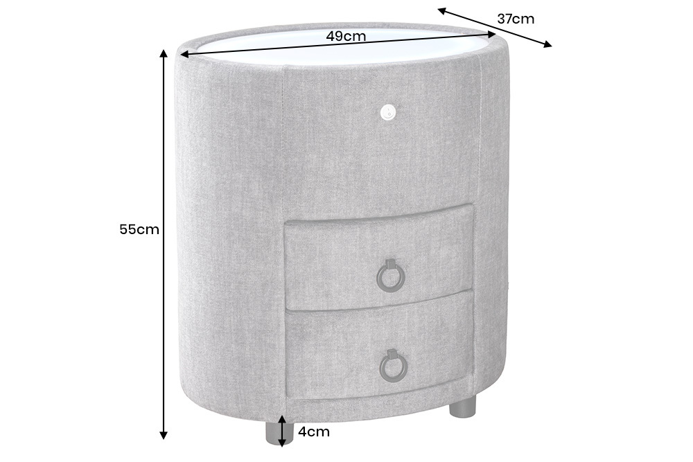 Nachttisch SIGNUM 55cm oval grau Vogue Seiden Samtstoff inkl. Beleuchtung Schubladen
