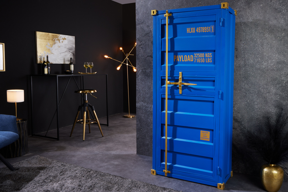 Design Barschrank Container GLOBETROTTER 180cm blau Weinregal Upcycling