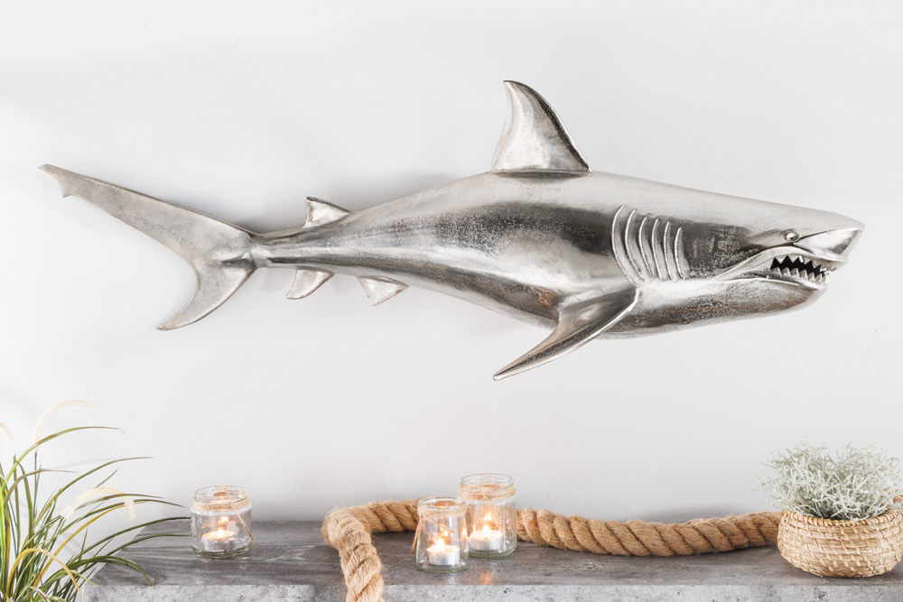 Maritime Wanddekoration HAI 105cm silber rechts Metall Haifisch Design Skulptur