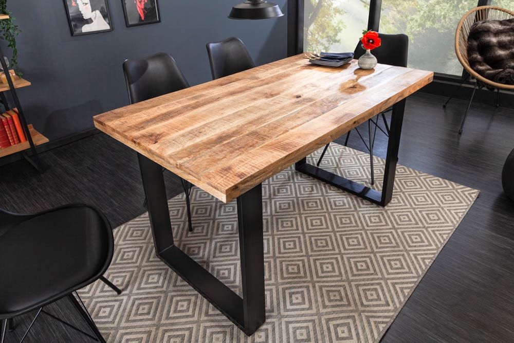 Massiver Esstisch IRON CRAFT 120cm Mangoholz schwarzes Eisengestell Kufe Industrial Design