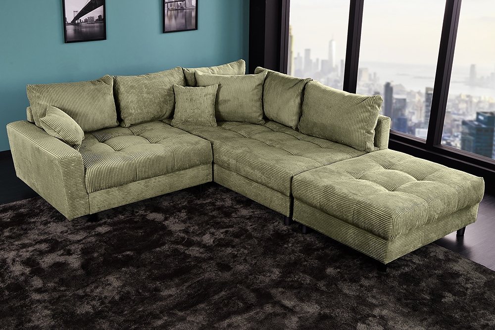 Modernes Ecksofa KENT 220cm grün Cord inkl. Hocker Federkern L-Form Wohnlandschaft