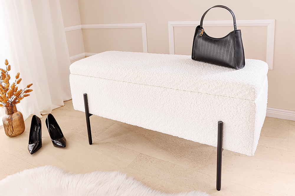 Moderne Truhenbank LOFT 100cm weiß Bouclé Sitzbank mit Stauraum gepolstert schwarz Metall