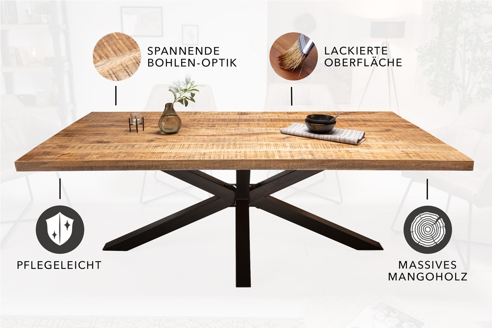 Massiver Industrial Esstisch GALAXIE 160cm Mangoholz sternenförmiges Gestell