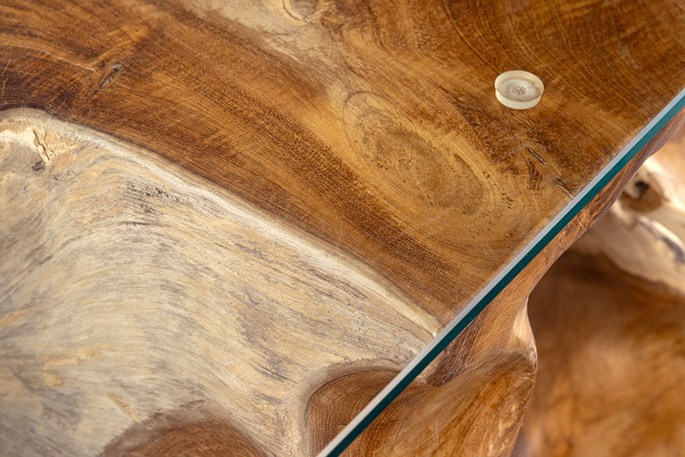 Massiver Konsolentisch ROOT 150cm natur Teak Massivholz aus Wurzelholz Glasplatte