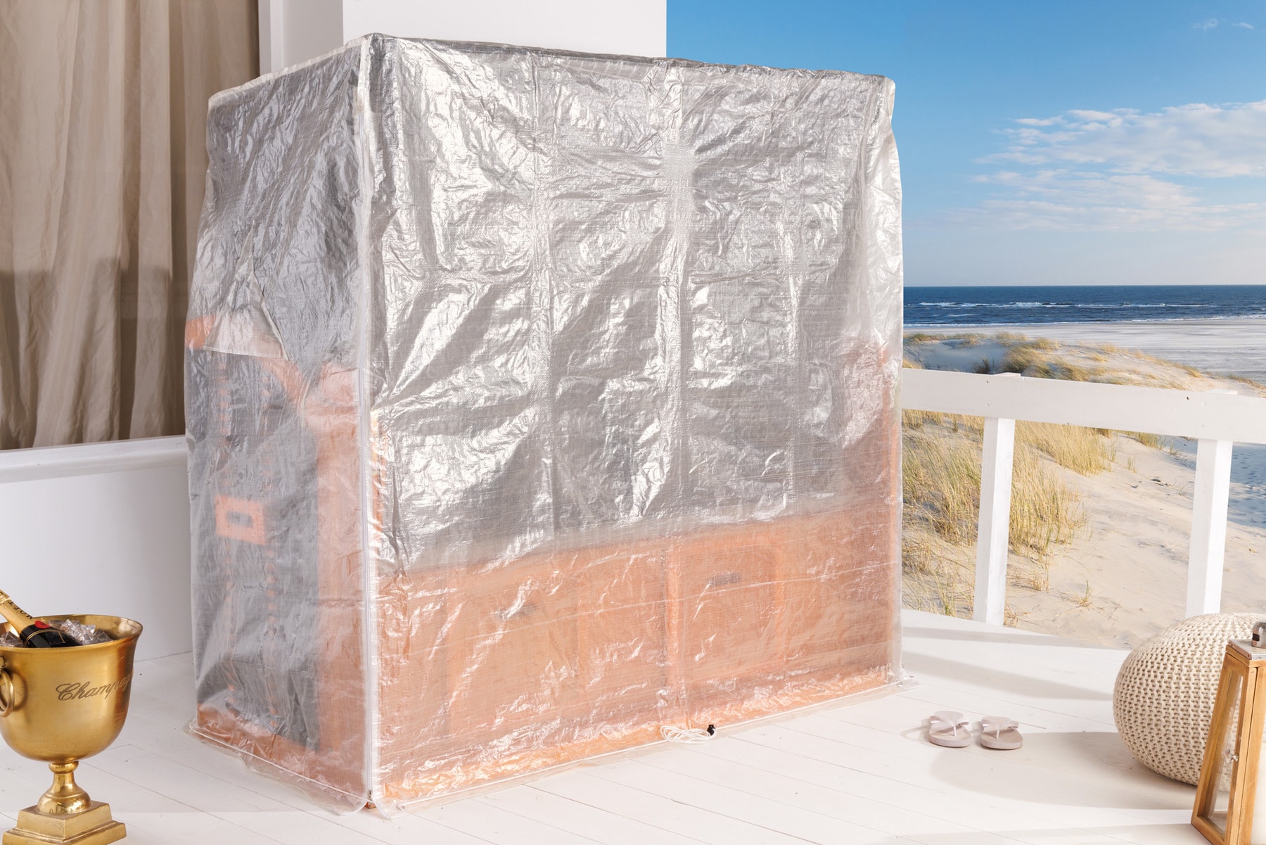 Wetterfeste XXL Strandkorbhülle OSTSEE transparent mit Reißverschluss für 3-Sitzer
