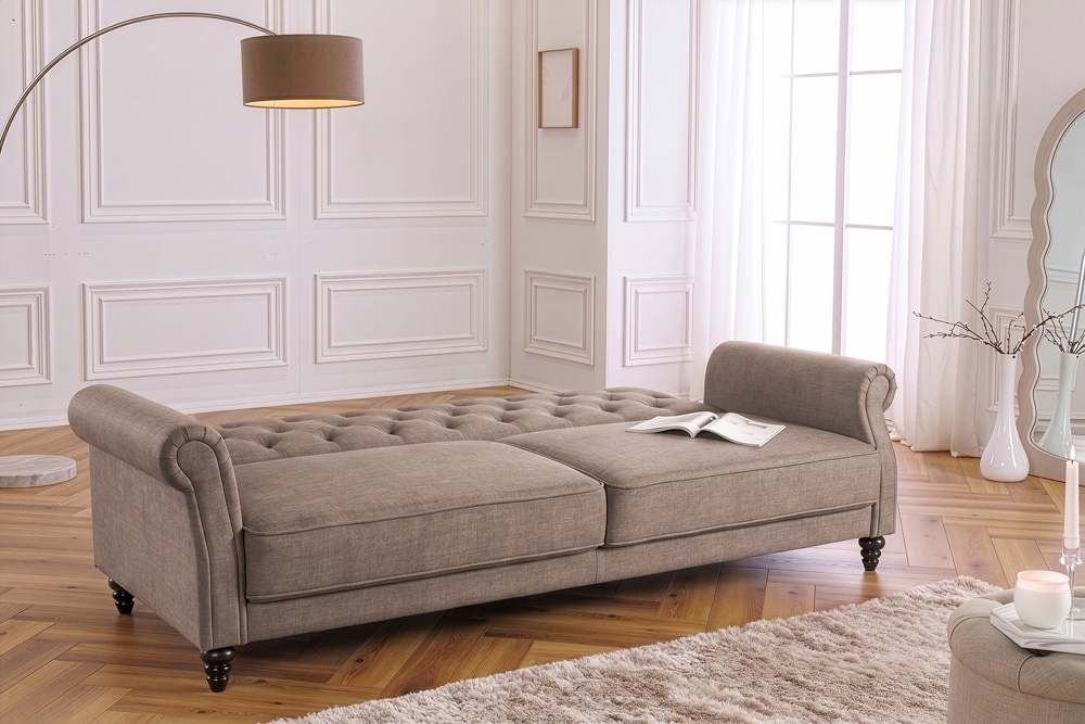 Schlafsofa MAISON BELLE AFFAIRE 220cm greige Vogue Seiden Samtstoff 3-Sitzer