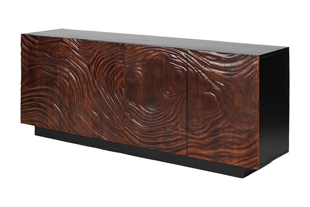 Massives Sideboard FLUID 175cm walnuss-braun Akazienholz 3D-Design schwarzer Sockelfuß