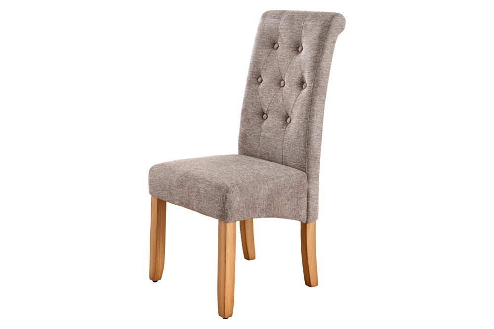 Design Stuhl CASA taupe Strukturstoff Massivholzbeine mit Zierknöpfen und Nackenrolle