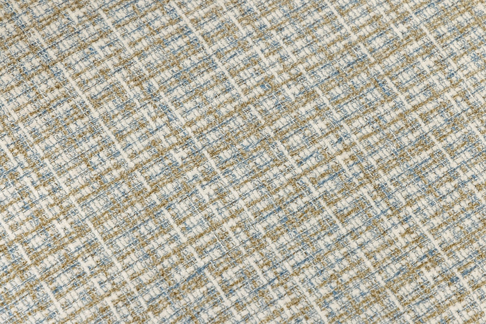 Design Stuhl LYON blau kariert Bouclé schwarze Metallbeine
