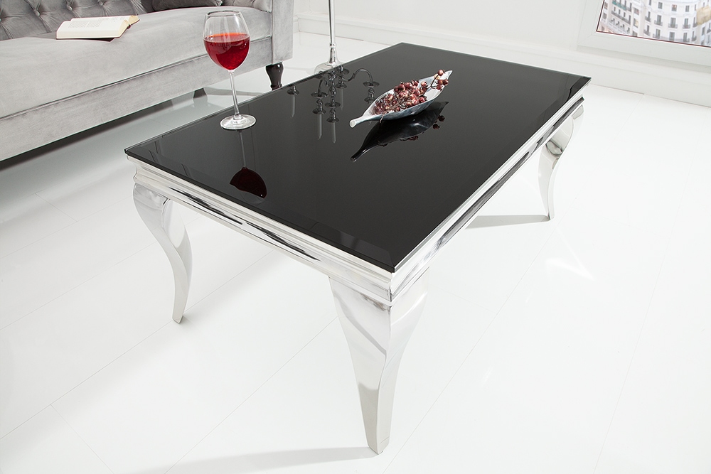 Eleganter Couchtisch MODERN BAROCK 100cm silber mit schwarzem Opalglas