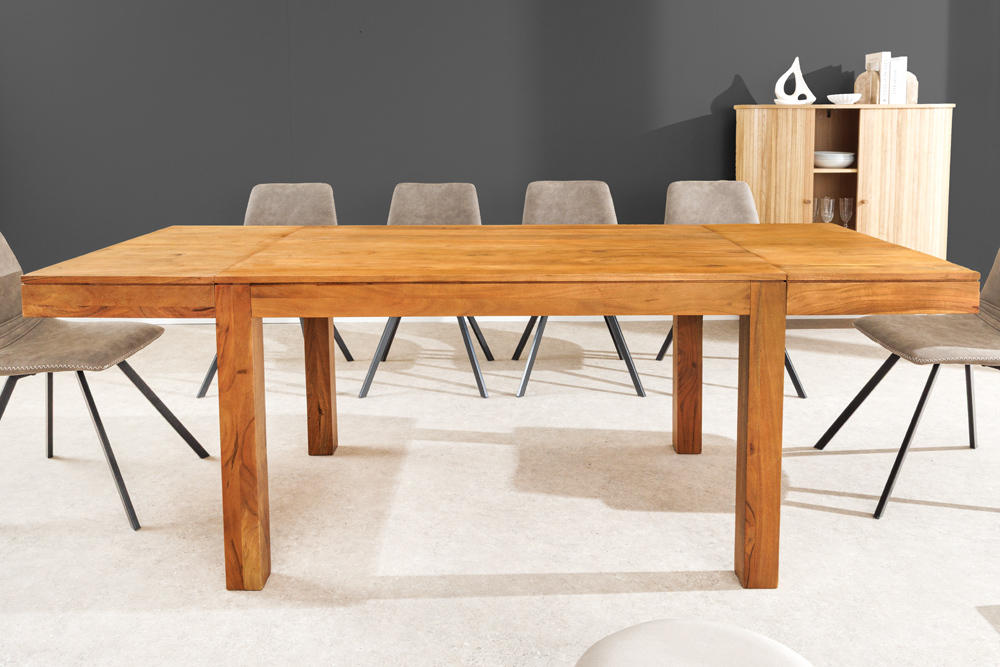 Massiver Holz Esstisch PURE 120-200cm natur honey finish Akazie mit Ansteckplatten » Jetzt kaufen
