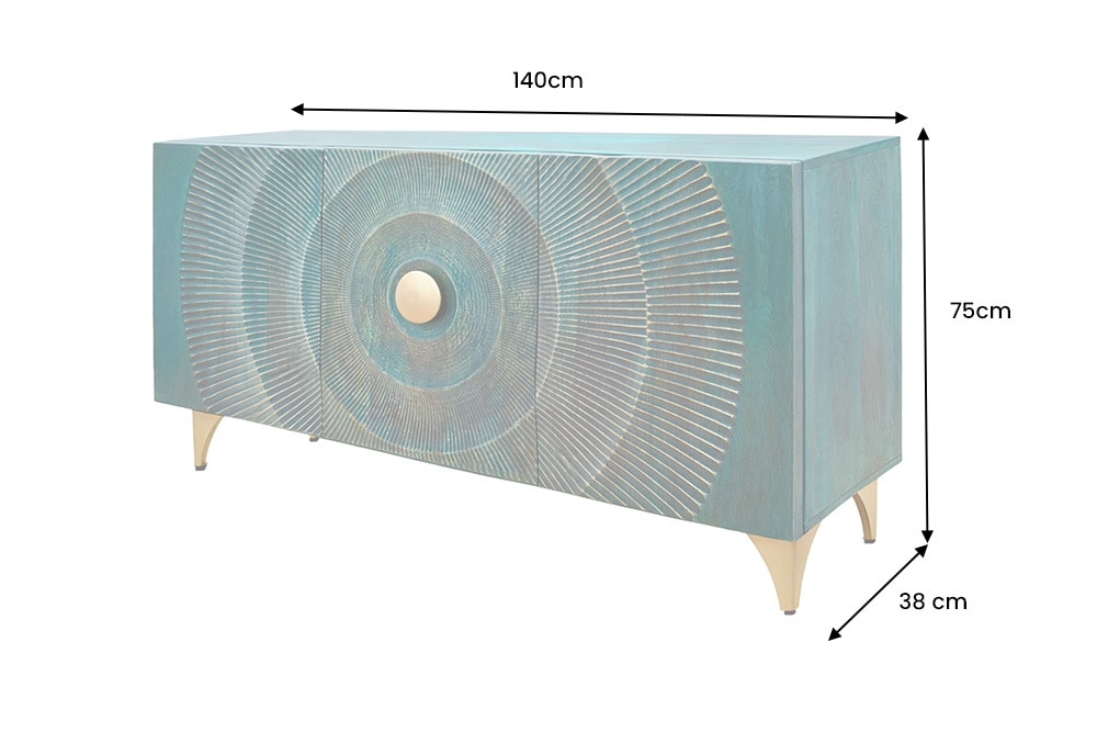 Handgearbeitetes Sideboard GOLDEN SUNSET 140cm türkis mit 3D Schnitzereien gold Mangoholz Metallbeine