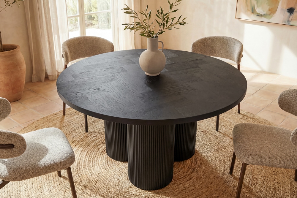 Design Esstisch BABYLON 120cm schwarz Fischgrät Eiche rund mit drei Säulenfüßen