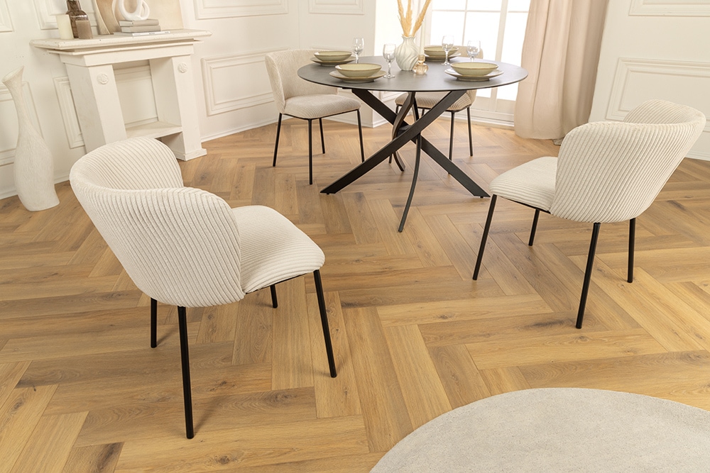 Design Stuhl LYON beige Cord schwarze Metallbeine