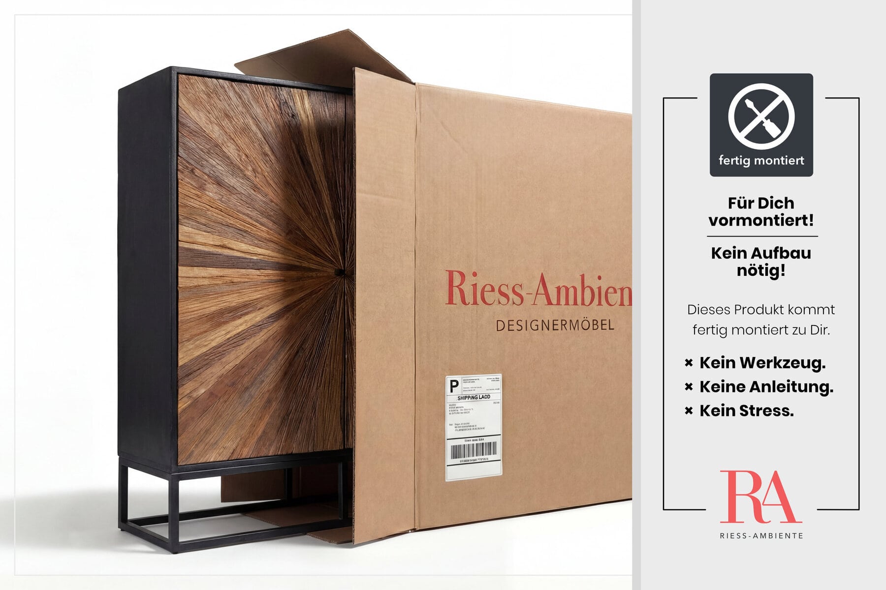 Massives Highboard BARRACUDA 120cm braun Mangoholz mit Teakholz-Front schwarz Metall