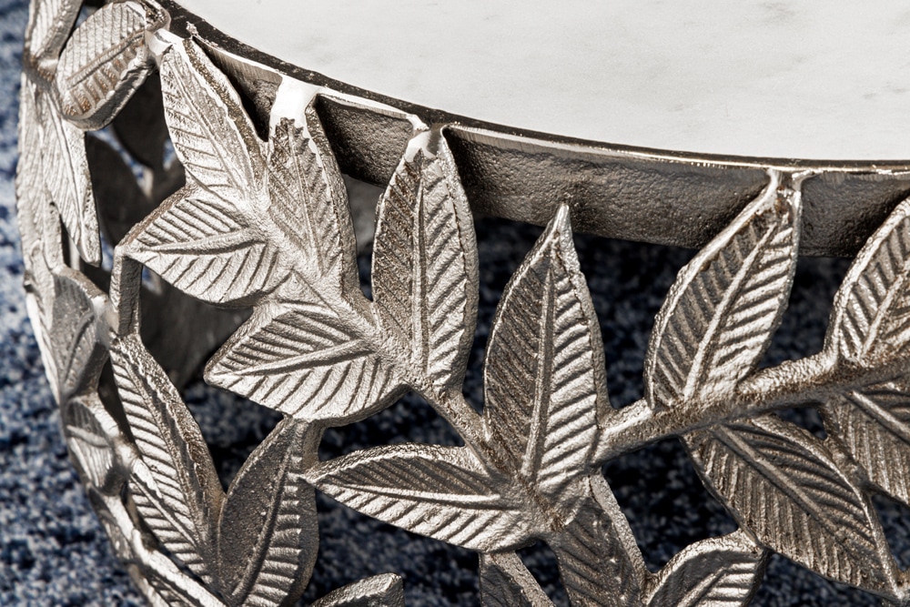 Rundes 2er Set Couchtische ABSTRACT LEAF 70cm weiß silber Marmor Metall Blatt-Design