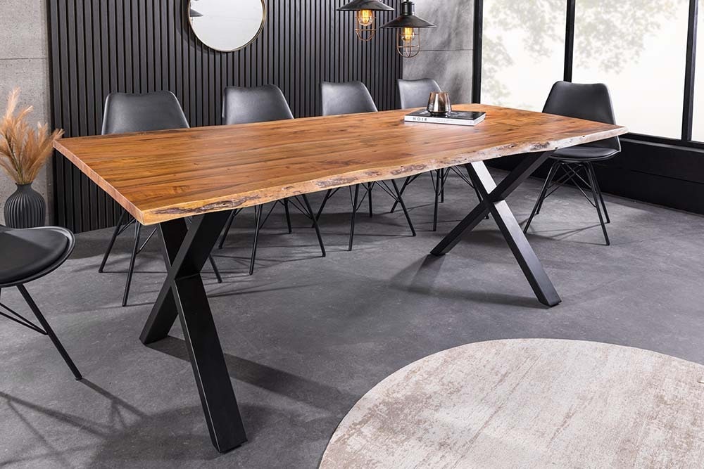 Massivholz Esstisch MAMMUT 160cm Akazie Baumkante X-Gestell Industrial Design 2,6 cm Platte