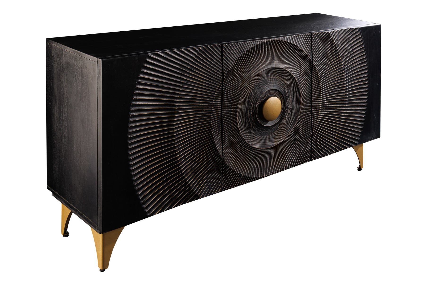 Handgearbeitetes Sideboard GOLDEN SUNSET 140cm schwarz mit 3D Schnitzereien gold Mangoholz Metallbeine