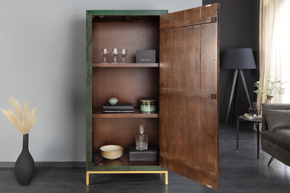 Massives Highboard PEACOCK 170cm grün Mangoholz antik 3D Schnitzerei Pfau-Design