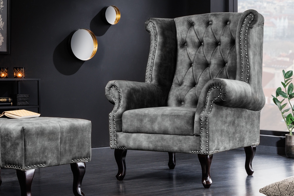 Design Ohrensessel CHESTERFIELD 105cm grau Samt silber Nieten