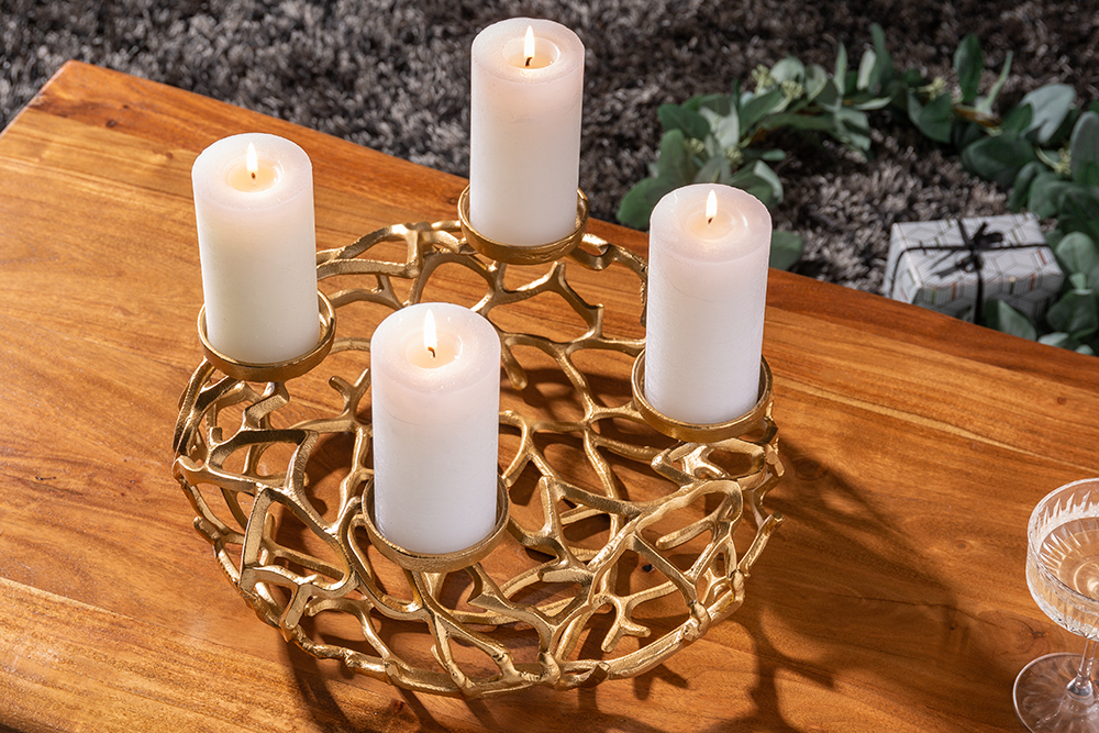 Eleganter Kerzenhalter ABSTRACT 38cm gold Kranz aus Ästen für 4 Kerzen