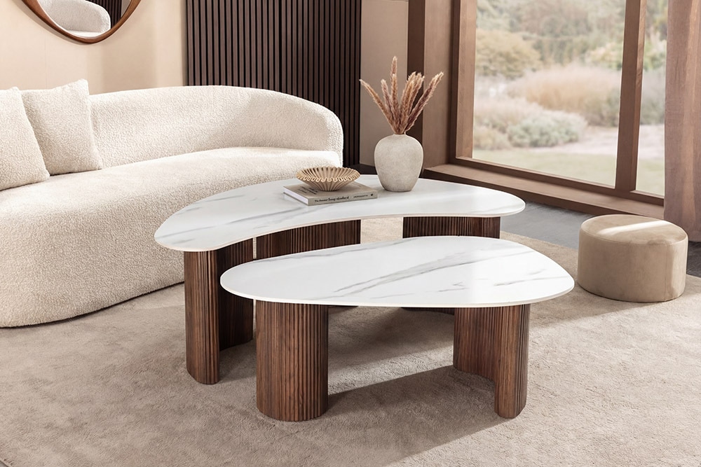 2er Set Couchtische OSAKA 120cm weiß Marmor Keramik Walnuss