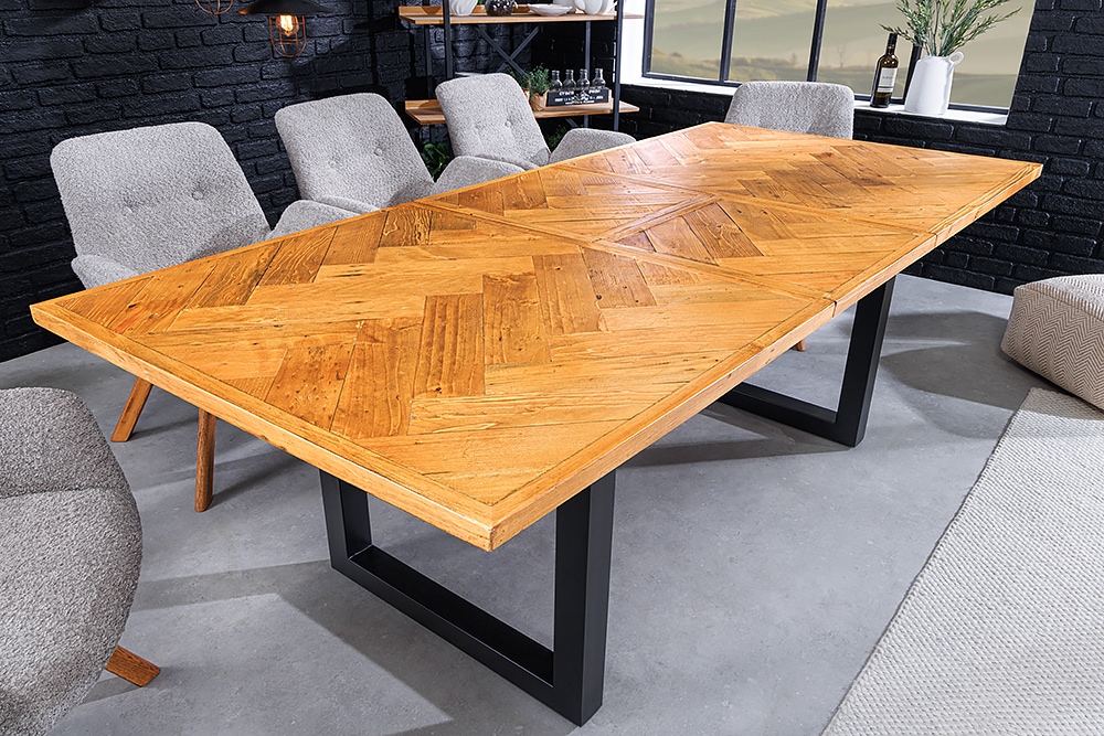 Ausziehbarer Esstisch MOSAIK 160-200cm braun Pinie recyceltes Massivholz Metall schwarz » Jetzt kaufen