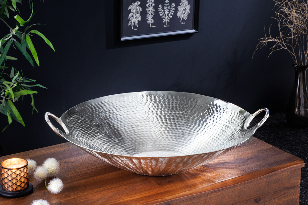 Handgearbeitete Deko Schale ORIENT 55cm silber Metall Hammerschlag Design