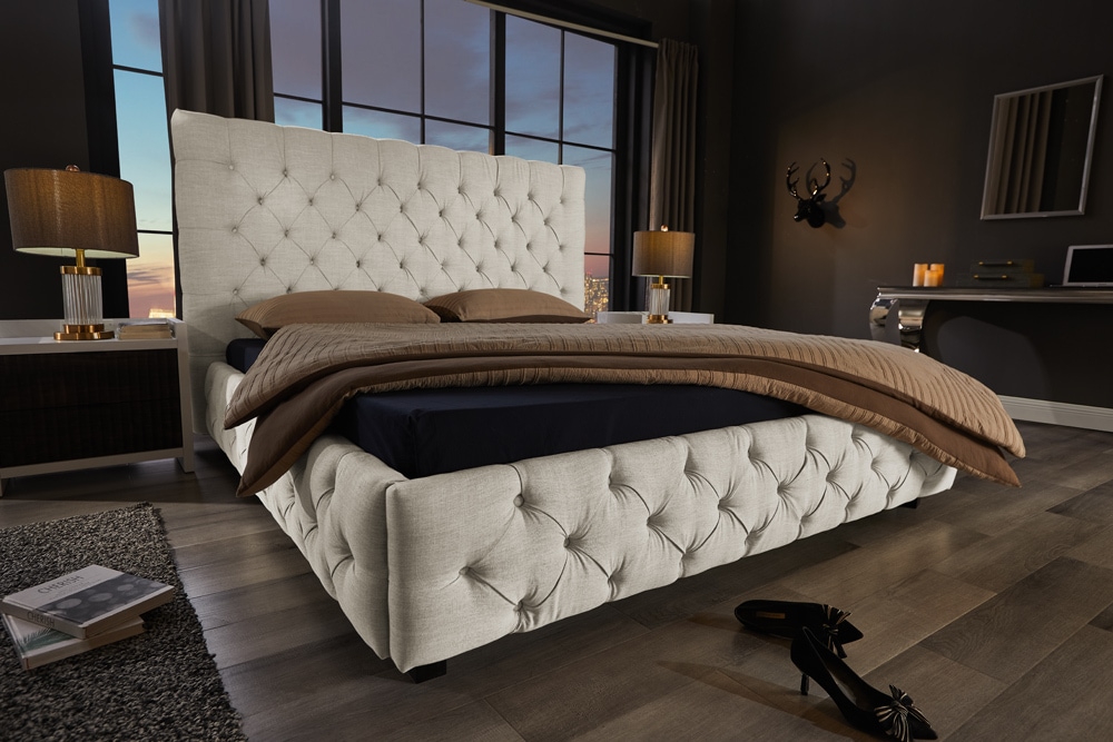 Design Boxbett PARIS 180x200cm beige Leinen Chesterfield Doppelbett