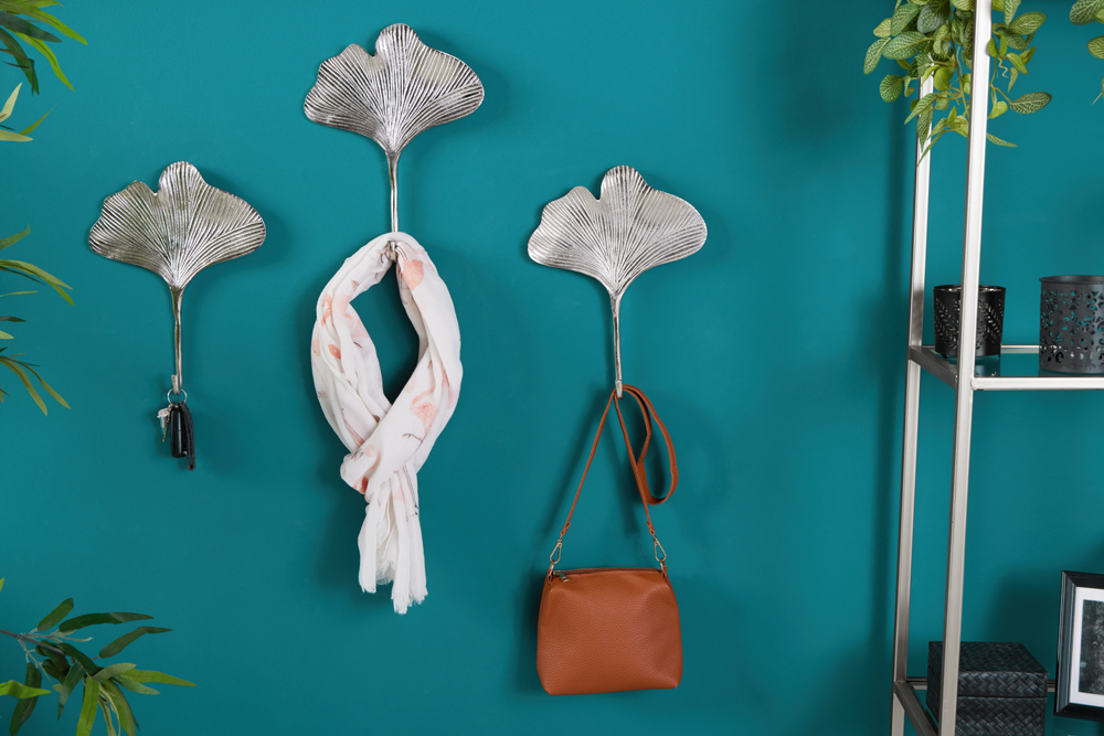 Dekoratives Kleiderhaken 3er Set GINKGO 30cm silber handmade Metall Dekoratives Kleiderhaken 3er Set GINKGO 30cm silber handmade Metall