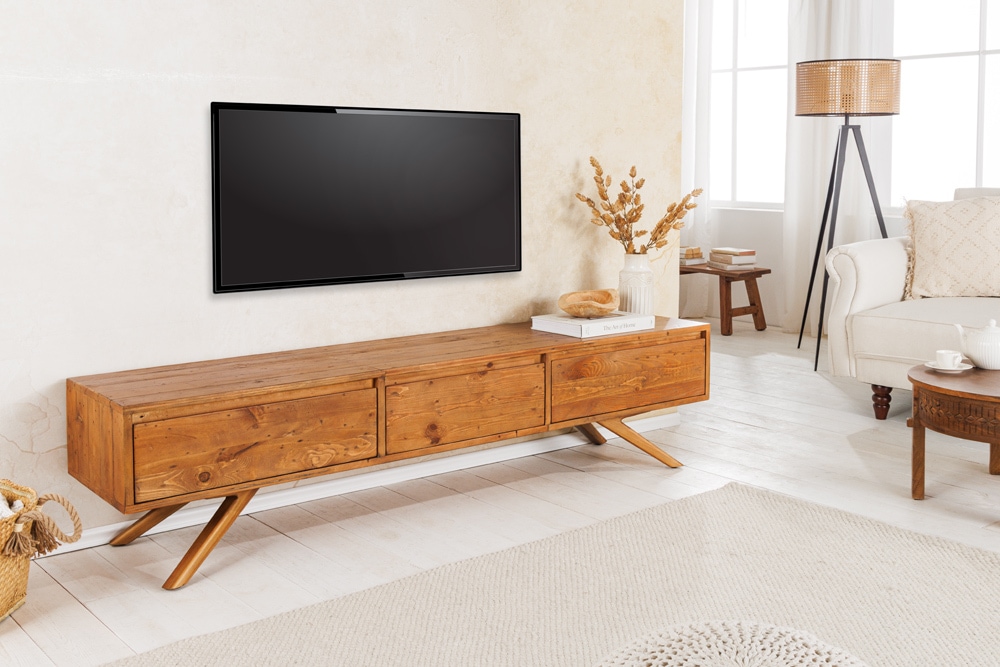 Massives TV-Board FINCA 180cm vintage braun recyceltes Pinienholz mit Schubladen