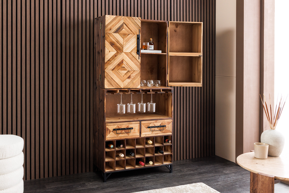 Design Barschrank BODEGA 160cm natur Pinienholz Weinregal Glashalter Schubladen Design Barschrank BODEGA 160cm natur Pinienholz Weinregal Glashalter Schubladen