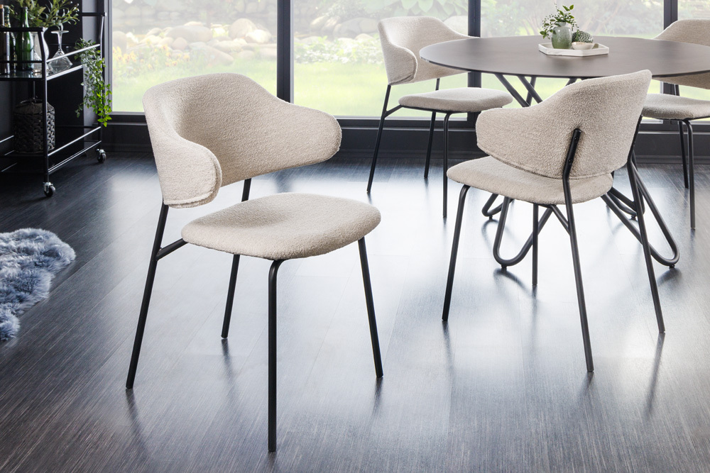 Design Stuhl VOGUE greige Bouclé schwarze Metallbeine
