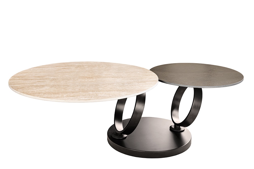 Design Couchtisch DANCING RINGS rost rund drehbar Travertin Keramik schwarz Gestell