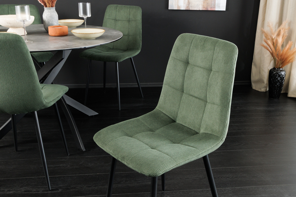 Moderner Design Stuhl TRES CHIC grün Cord schwarze Metallbeine Esszimmer