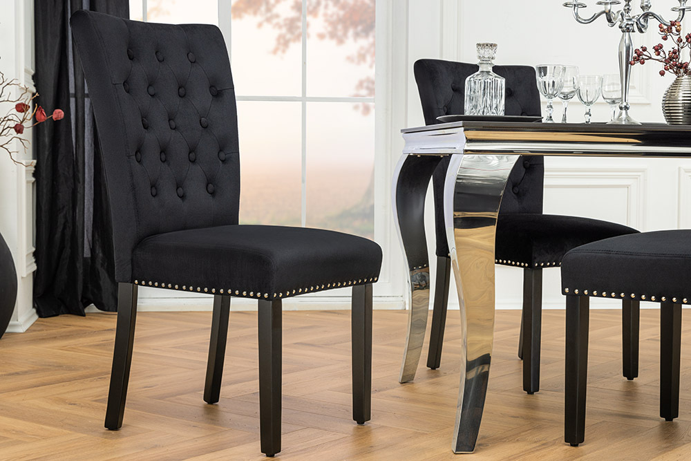 Chesterfield Stuhl CASTLE schwarz Samt Gummiholz Ziernieten
