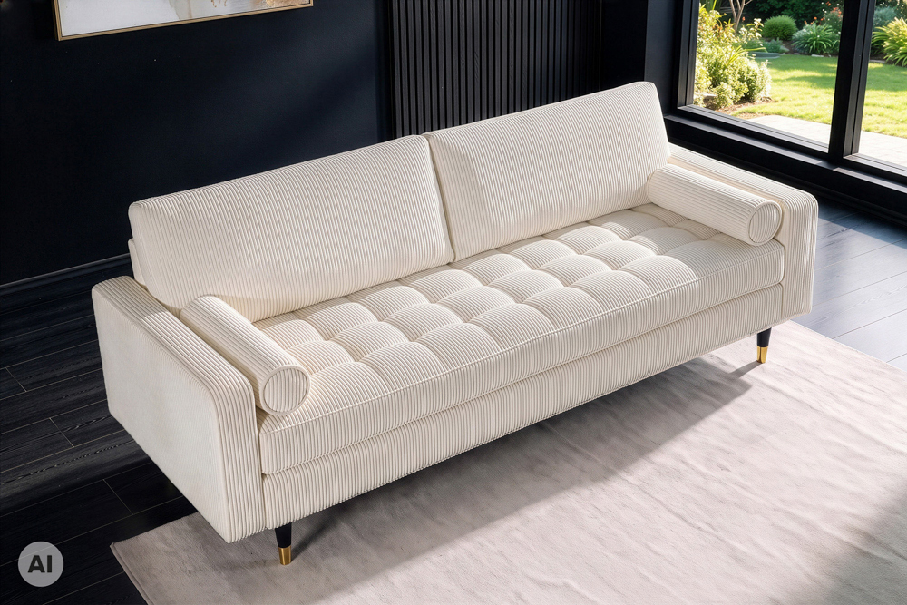 3er Sofa COZY VELVET 220cm beige Cord mit goldener Kappe