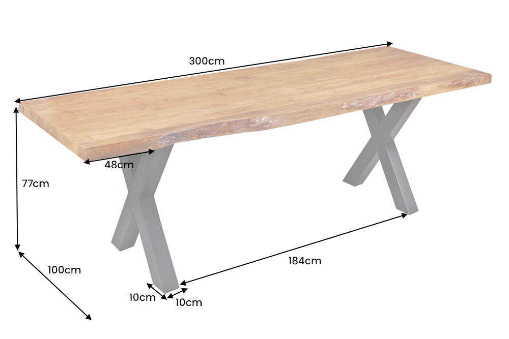 Massivholz Esstisch MAMMUT 300cm Akazie X-Gestell schwarz Metall Baumkante 6cm Tischplatte