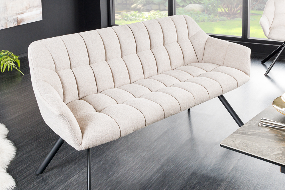 Esszimmer Sitzbank PAPILLON 165cm champagner beige mit Lehnen schwarzes Metallgestell