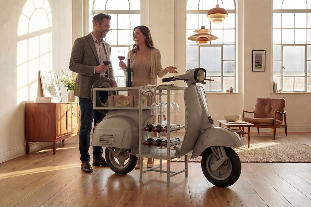 Extravaganter Bartisch SCOOTER 180cm salbei Retro-Konsole Motorroller Mangoholz Upcycling