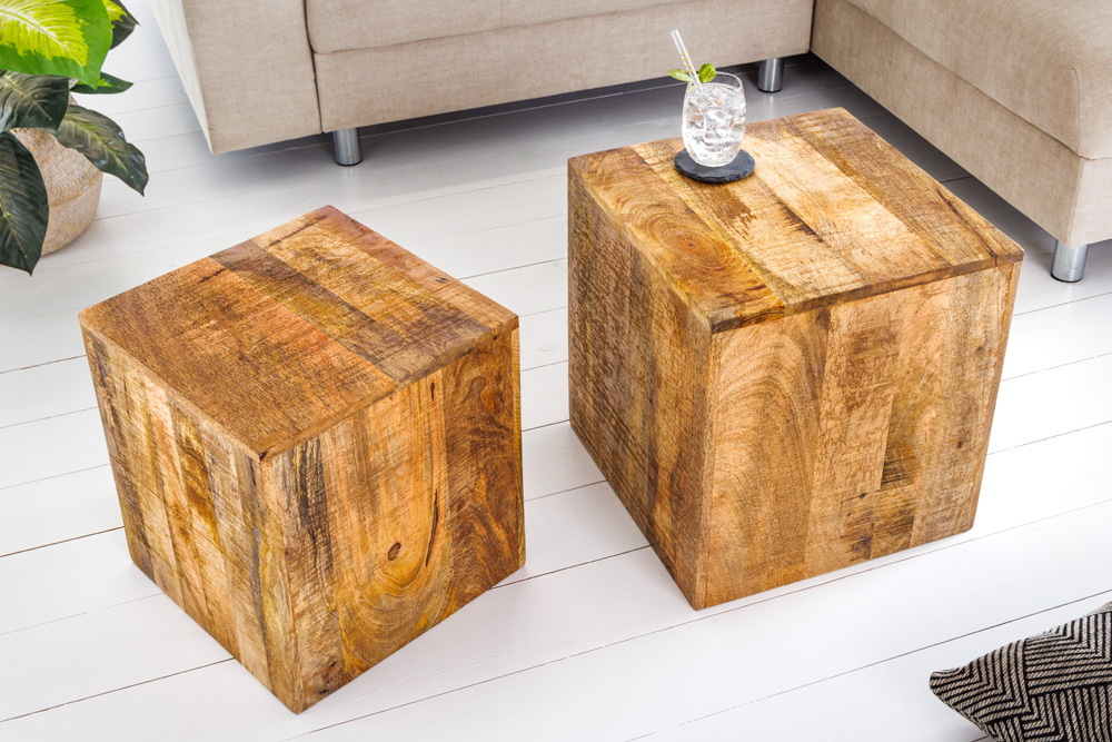 Massives 2er Set Beistelltisch CURACAO 45cm natur Mangoholz Würfel handmade Couchtisch