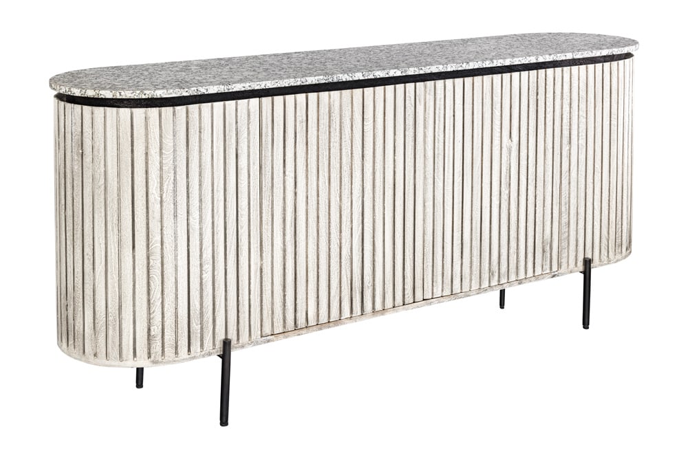 Massives Sideboard ADLON 170cm grau gebürstet Mangoholz mit weißer Marmorplatte