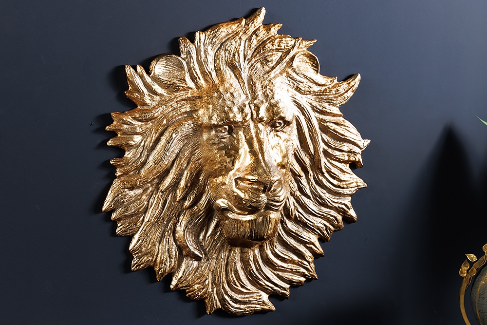 Goldene Wanddeko WILDLIFE LION 60cm gold Metall Löwenkopf-Skulptur handmade