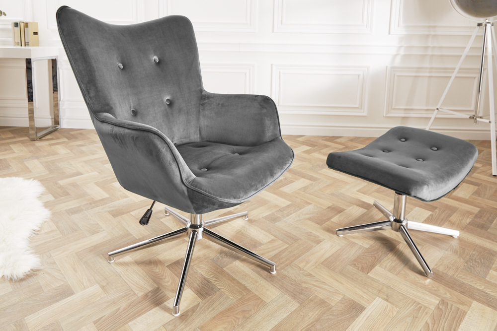 Design Sessel MR. LOUNGER grau chrom Samt höhenverstellbar drehbar Retro
