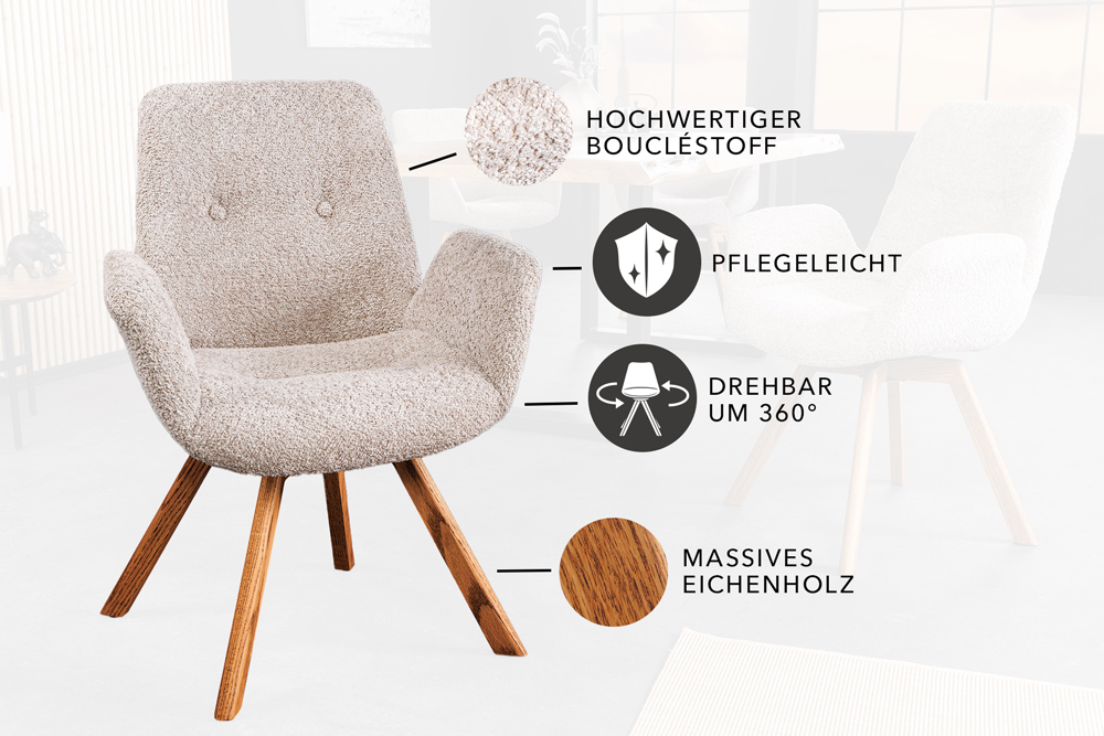 Drehbarer Design Stuhl BALTIC beige Bouclé natur Eiche Massivholz-Beine mit Armlehne