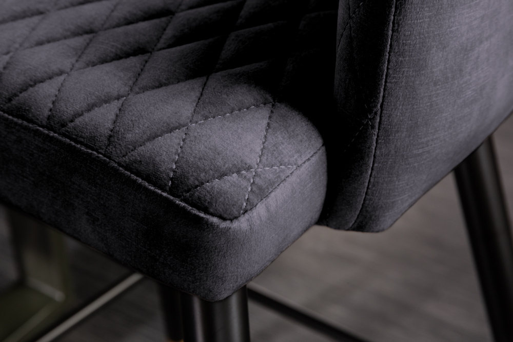 Design Barhocker PARIS grau Samt mit Lehne Metall schwarz gold Ziersteppung