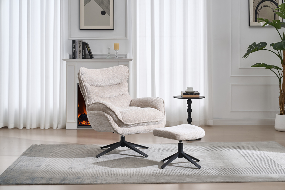 Drehbarer Sessel CLOUD champagner beige Chenille schwarz Metall Drehbarer Sessel CLOUD champagner beige Chenille schwarz Metall