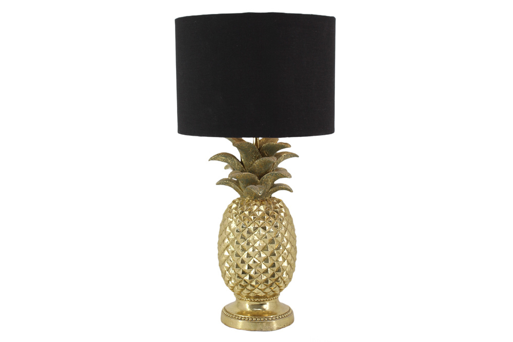 Handgefertigte Tischlampe PINEAPPLE 50cm gold schwarz Ananas-Design mit Stoffschirm